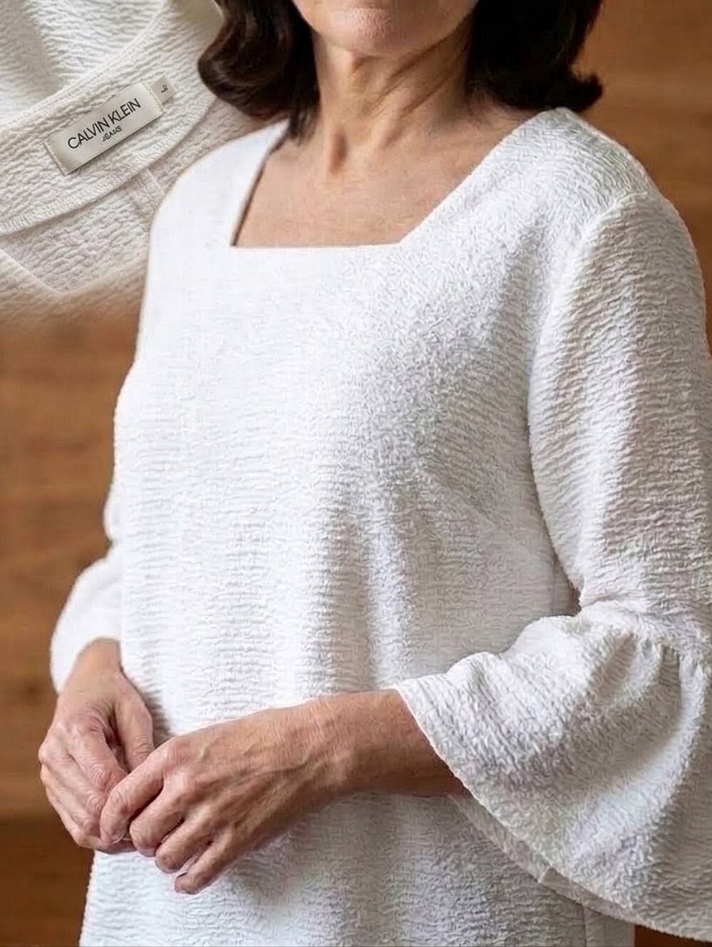 Calvin Klein Textured Bell Sleeve Top | Women's Large | Ivory/Cream